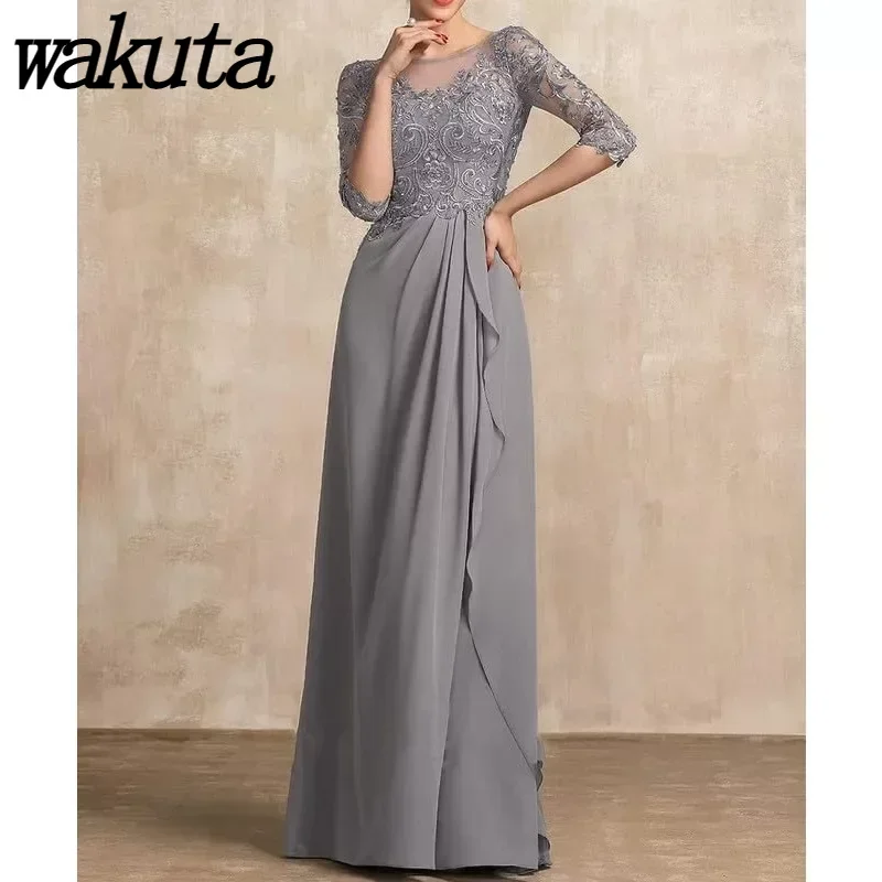 Wakuta Mother of The Bride Dresses 3/4 Sleeve Lace Appliques Wedding Guest Dresses Scoop Pleated Long Formal Evening Gown