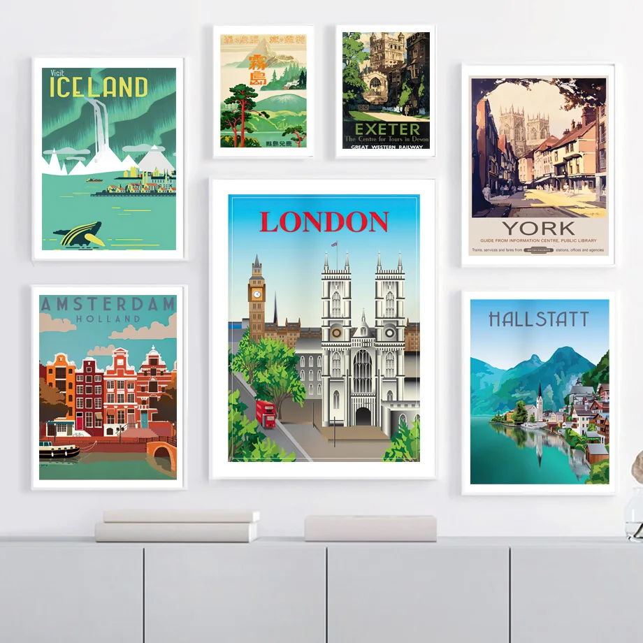 Vintage Travel Wall Art Mural Canvas Painting London York Amalfi Venezia Exeter Iceland Poster Print Pictures Living Room Decor