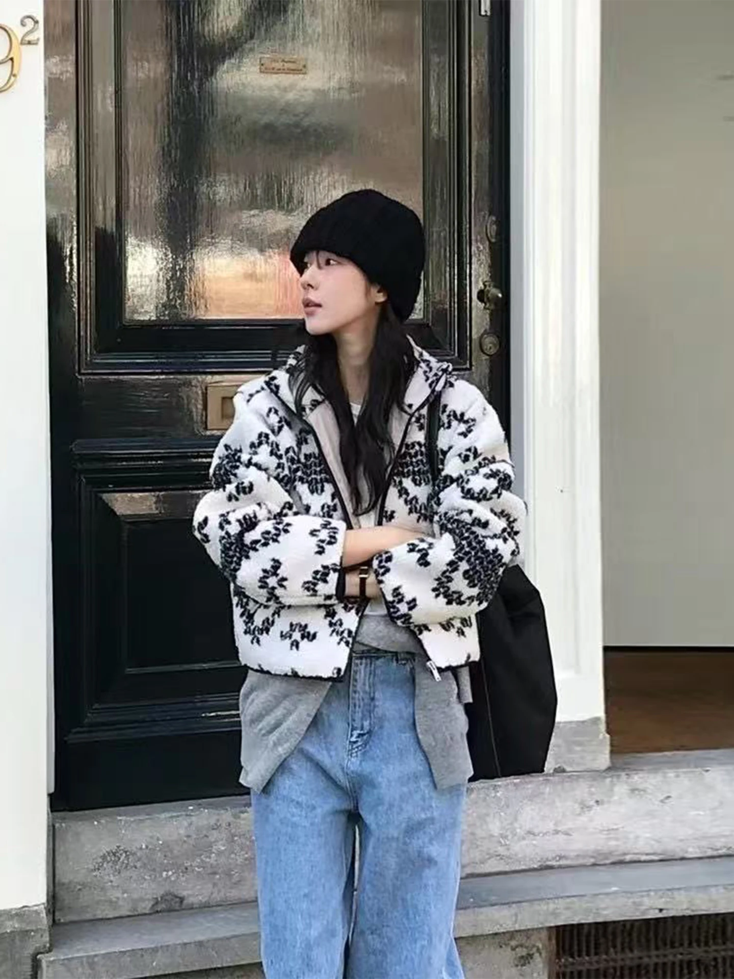 

Retro Geometric Print Lamb Fur Cotton Jaet Women's Winter New Sle Stand Collar Warm Versatile Cotton Clothes