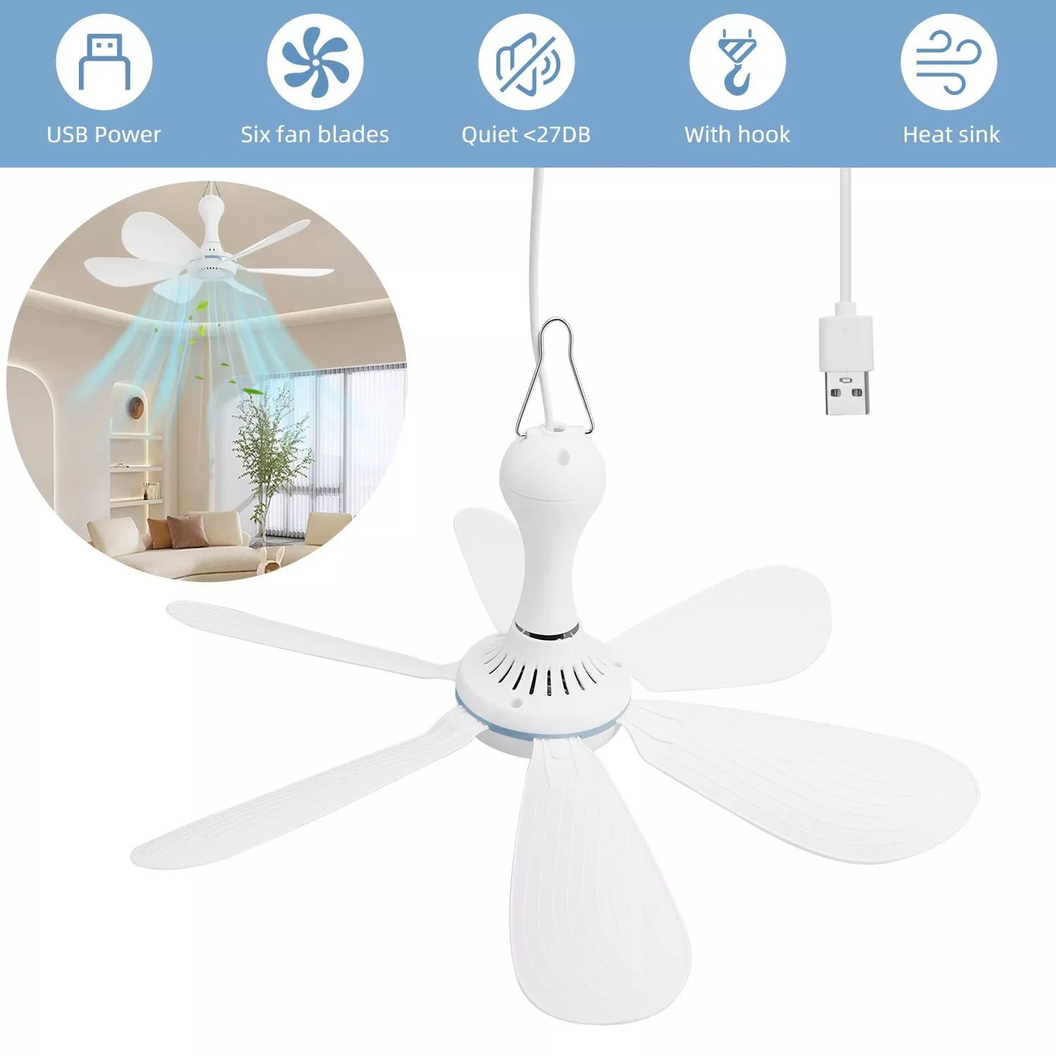 Silent USB Powered Ceiling Fan   Portable Camping fan with 6 Blades - White