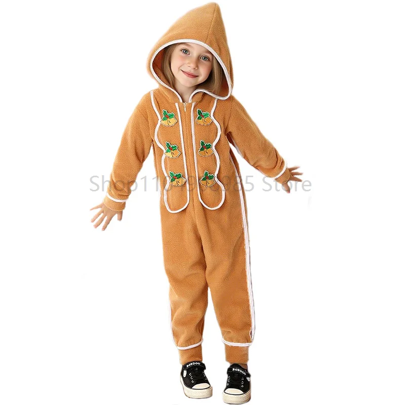 

2026 New Year Holiday Dress Up Children Costume Girls Boys Gingerbread Man Christmas Jumpsuit Halloween Costume