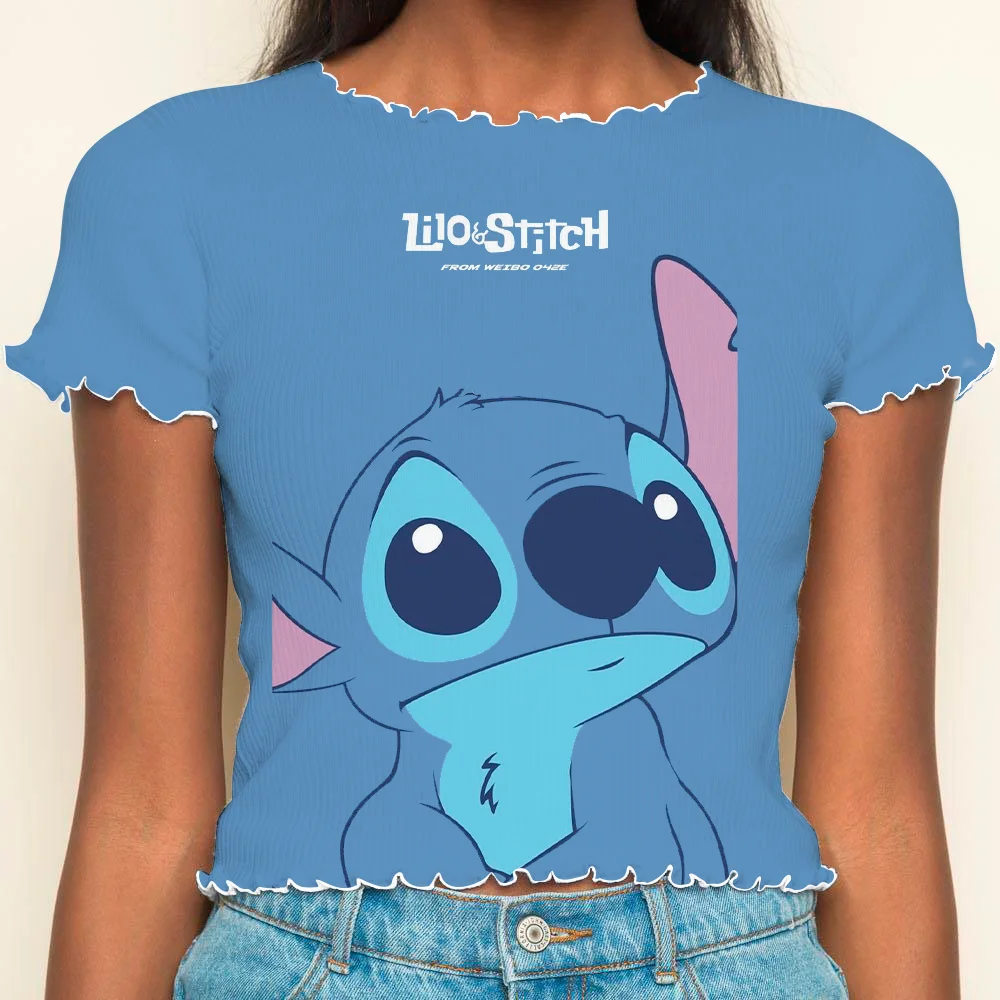 T-shirts T-shirt Stitch Woman Clothing Crop Tops Sexys Summer Clothes Women 2024 Short Sleeve Y2k Disney Top Disney Lettuce Trim