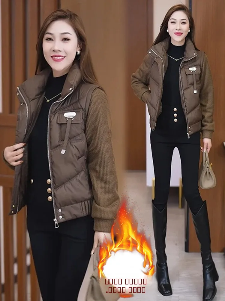 

Thiened Fce ort Padded Jaet Women's Korean Sle Warm Cotton Coat Fake Two-Piece Long Sve Regular Fit Zipper Closure