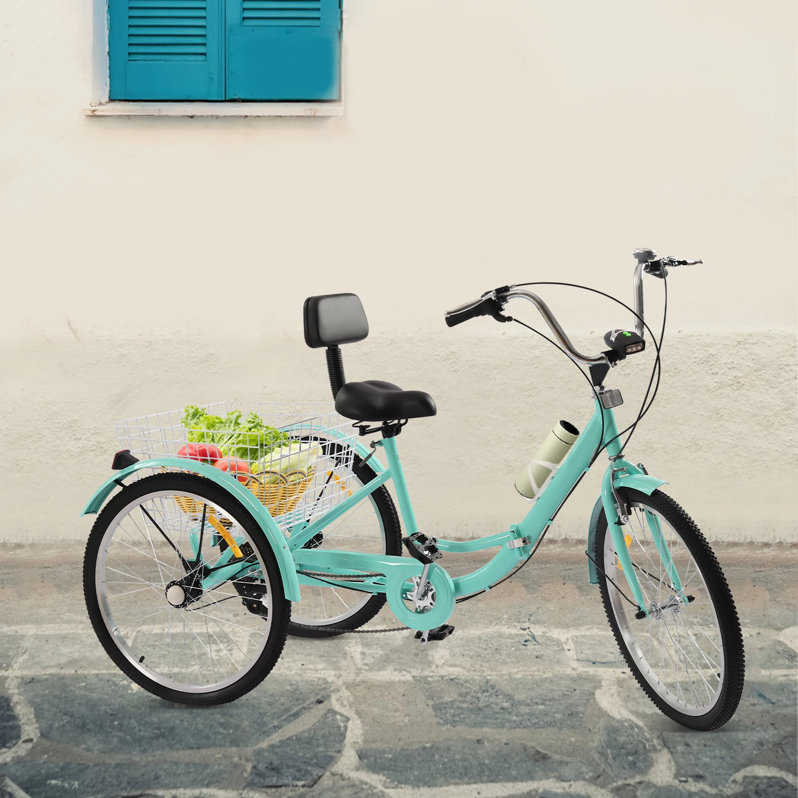 24 Inch 7 speed Folding Three-wheeled Bicycle Turquoise Tricycle Bike with Water Cup Holder and LED Headlight