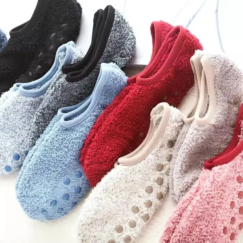 Autumn Winter Indoor Home Yoga Practice Flooring Sock Dispensing Anti-Slip Thickened Plush Soft Coral Velvet Furry Sock Slippers