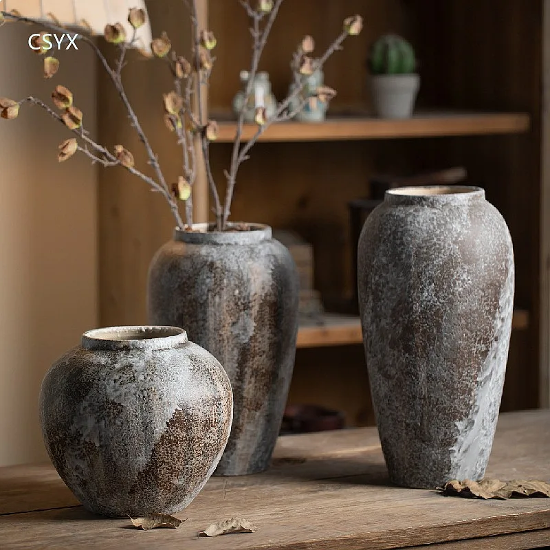 Distressed Ceramic Vase Handmade Wabi-Sabi Style Rustic Decorative Vase for Living Room Entryway Flower Arrangement
