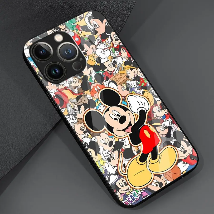 Funda de vidrio templado para iPhone 16 Pro Max 15 Plus 13 Mini 12 11 X XS XR 7 8 SE Funda de teléfono Disney Cute Mickey Stitch