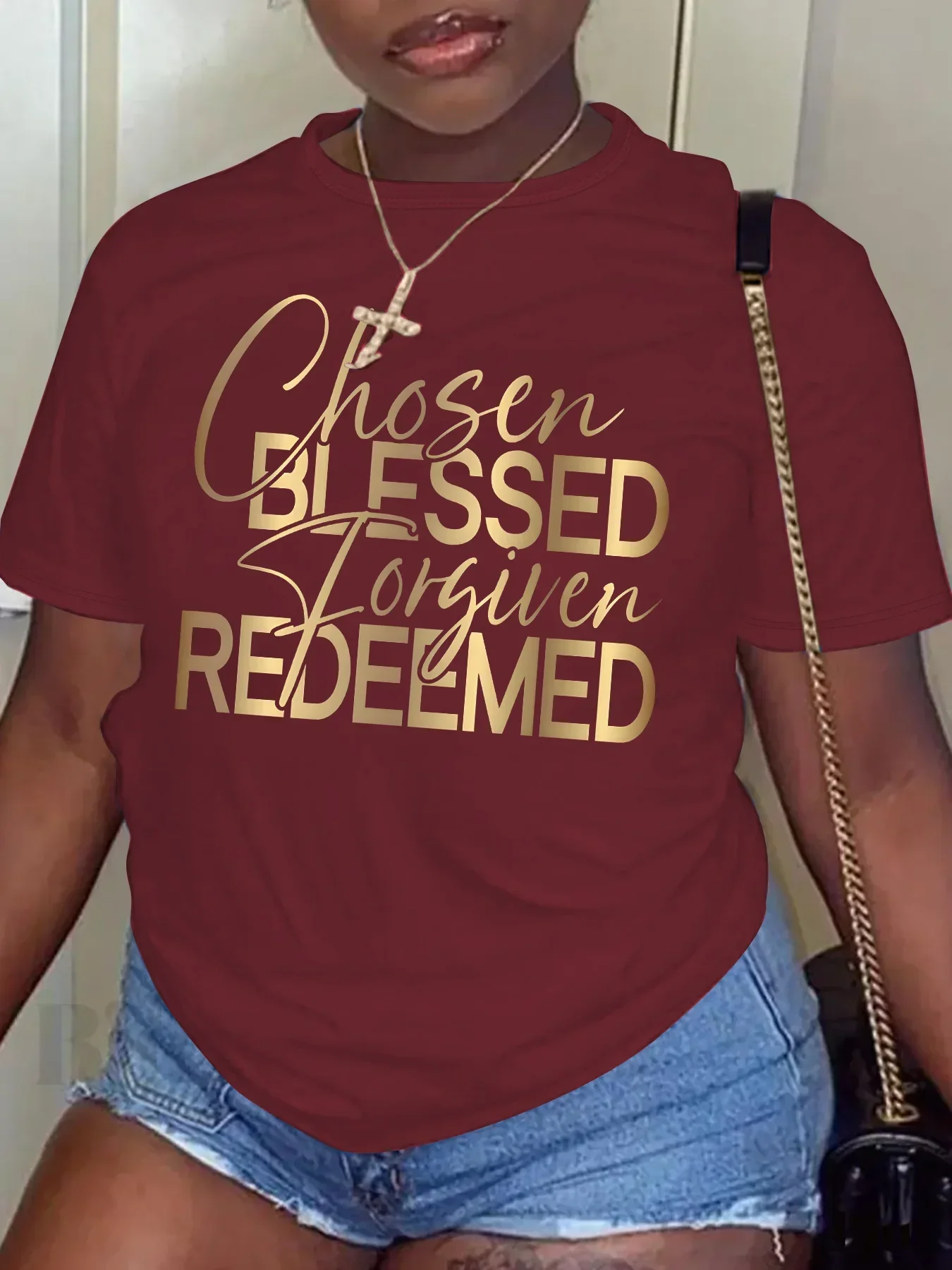 Artı Boyutu kadın Yaz Rahat Kısa Kollu Yuvarlak Yaka Üst T-Shirt Baskı Grafik BLESSED REDEEMED Artı Boyutu Moda T-Shirt