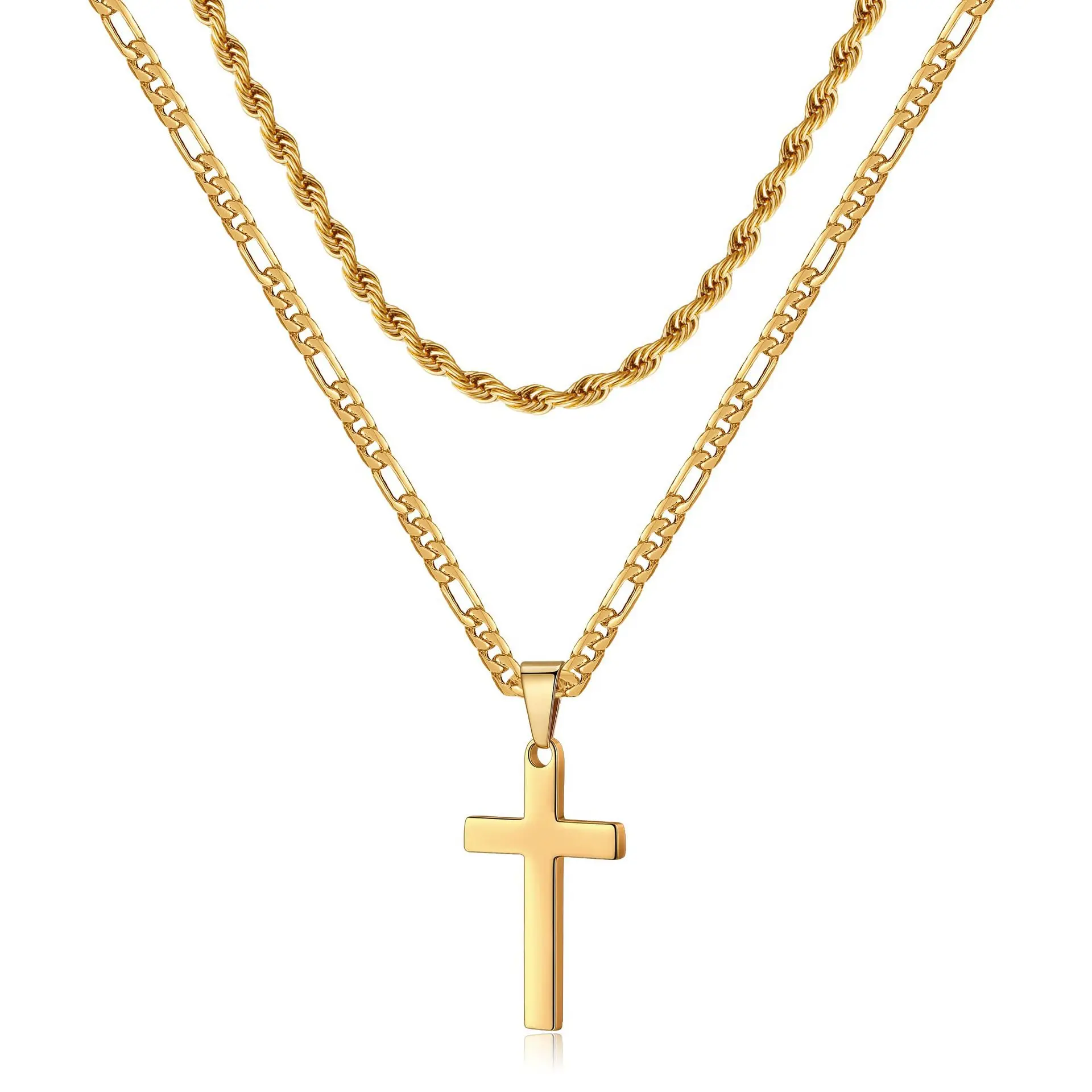 Men 14K Real Gold Plated Cross Necklace Waterproof Layer Figaro Cuban Rope Chain Necklaces Easter Christian Religious Jewelry
