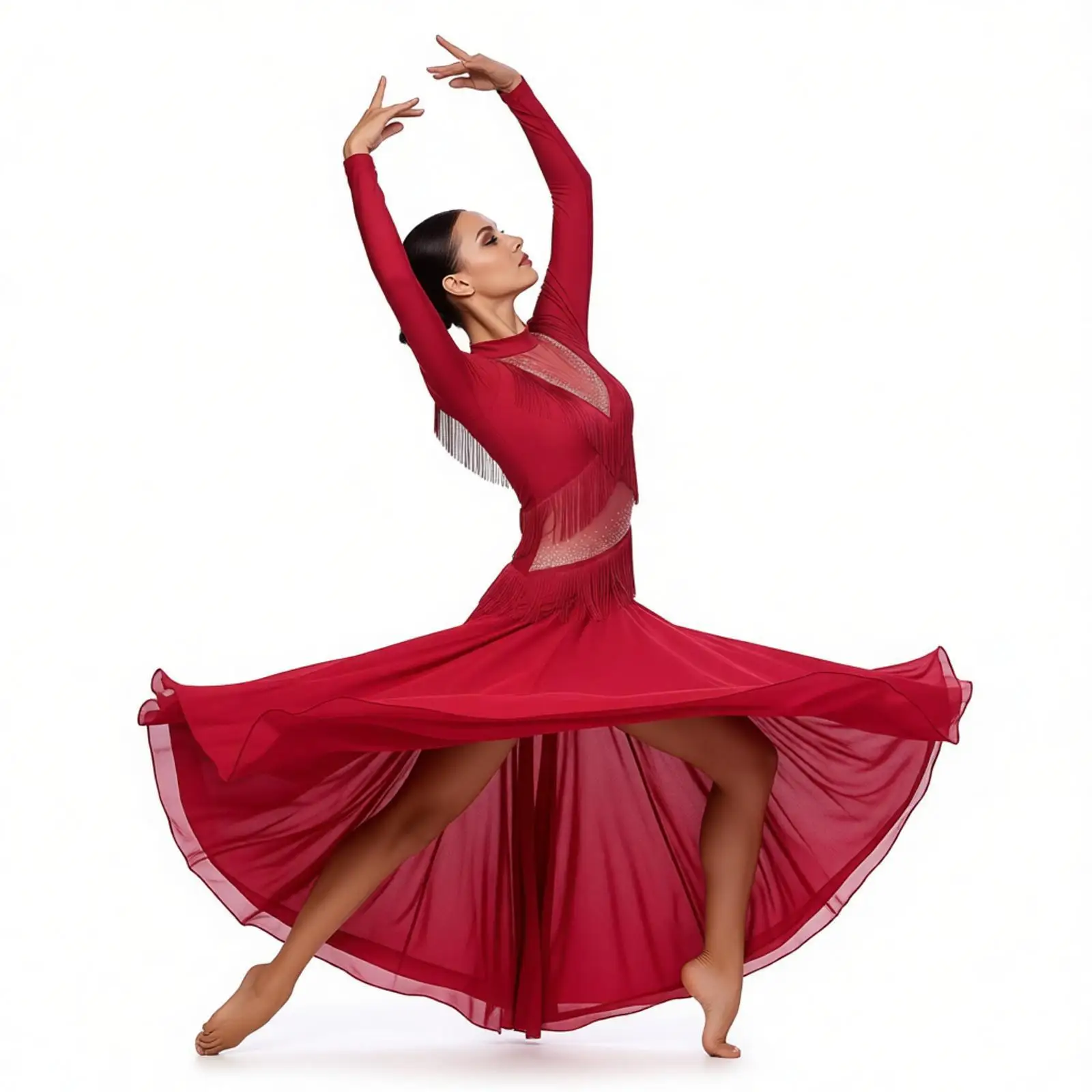 Traje de Gimnasia Artística para Mujer, Maillot de Ballet, Mono con Flecos y Pedrería, Leotardos para Danza y Espectáculos