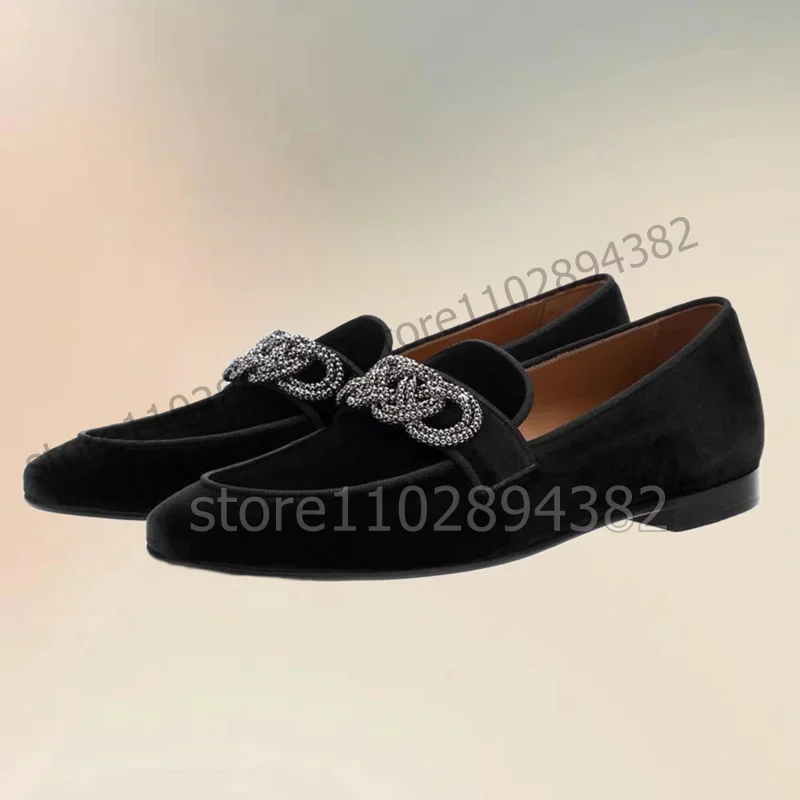 

Crystal Chain Knot Decor Black Low Top Men Loafers Fashion Slip On Men Shoes Luxurious Handmade Party Office Men Casual Shoes