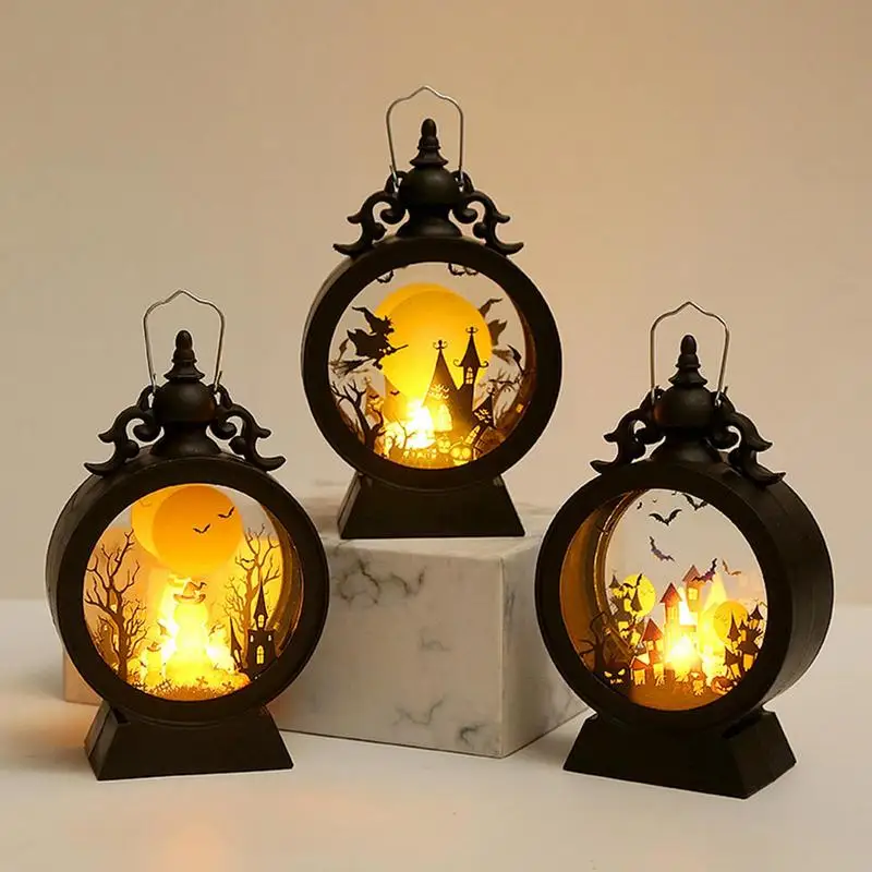 Halloween Gothic Vintage LED Pumpkin Lantern Witch Castle Lantern Portable Black Lantern for Windows Walls Table Decoration