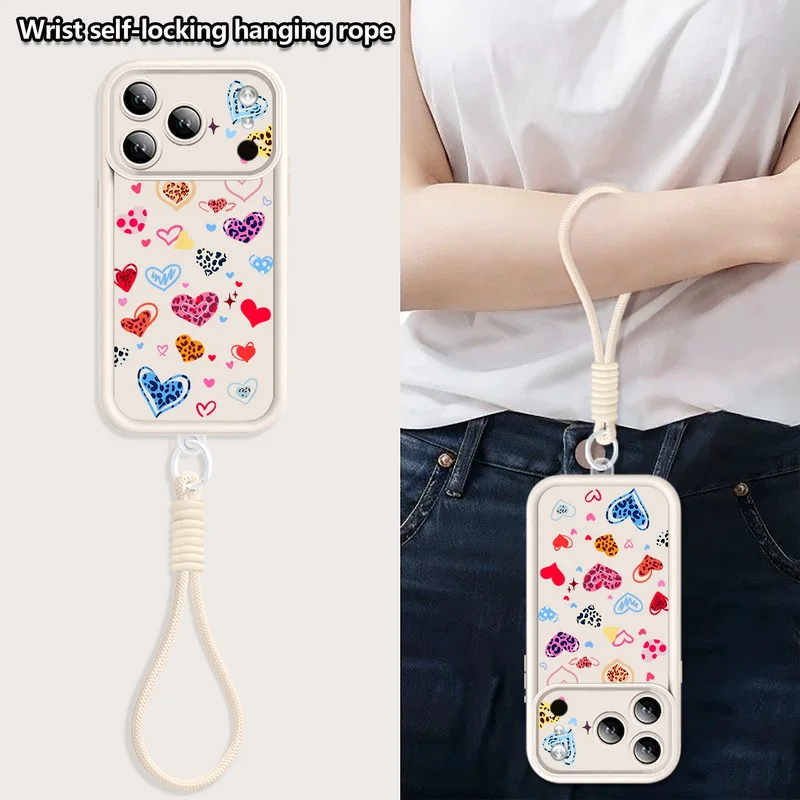 Colorful Hearts Leopard Print Wrist Strap Case For iPhone 17 Pro Max Funda iPhone 16 Pro Max 15 14 13 12 11 16e Air Lanyard Case