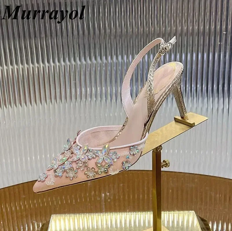 Pumps Pointed Toe Flower String Bead Decor Sandalias Women's Mesh Closed Toe Thin High Heels Sandals Summer Party Dress Shoes