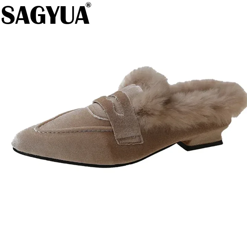 Suede Luxury Furry Slippers Women Plush Warm Home Shoes Ladies Pointed Toe Sexy Party Heels Winter Fur Slides Fad Botas De Mujer