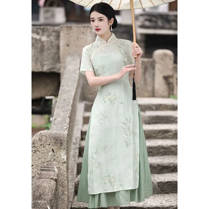 Retro Chinese Style Short Sleeve Qipao Two-piece Set Women New Chinese Style Green Improved Cheongsam Summer Long Dresses