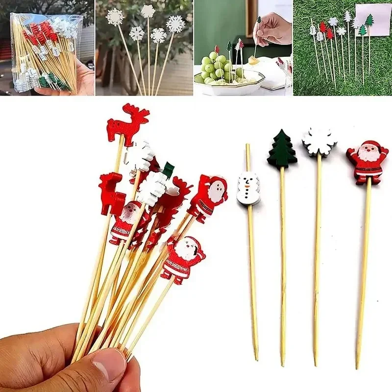 50/100Pcs Christmas Bamboo Skewer Cocktail Picks Cupcake Topper Disposable Food Dessert Toothpicks Fruit Sticks Party Supplies