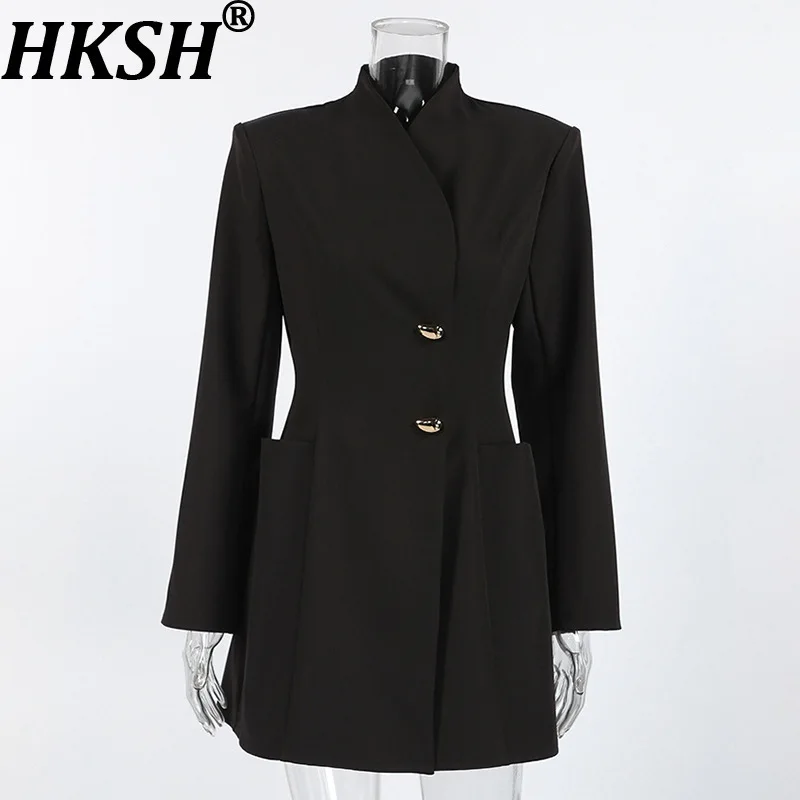 

HKSH весна осень новое женское платье-бальзер с v-образным вырезом однобортные карманы французские британские модные однотонные короткие платья HK16734