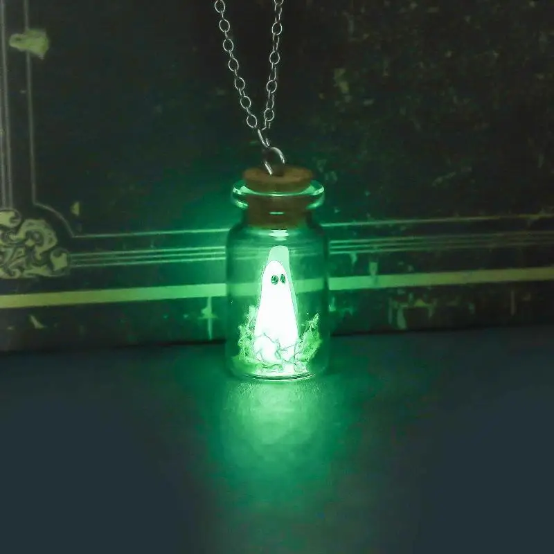 Luminous Ghost Necklace Halloween Tiny Glow Drifting Bottle Adopt Ghost Earrings Creative Design Green Specter Jewelry Gift