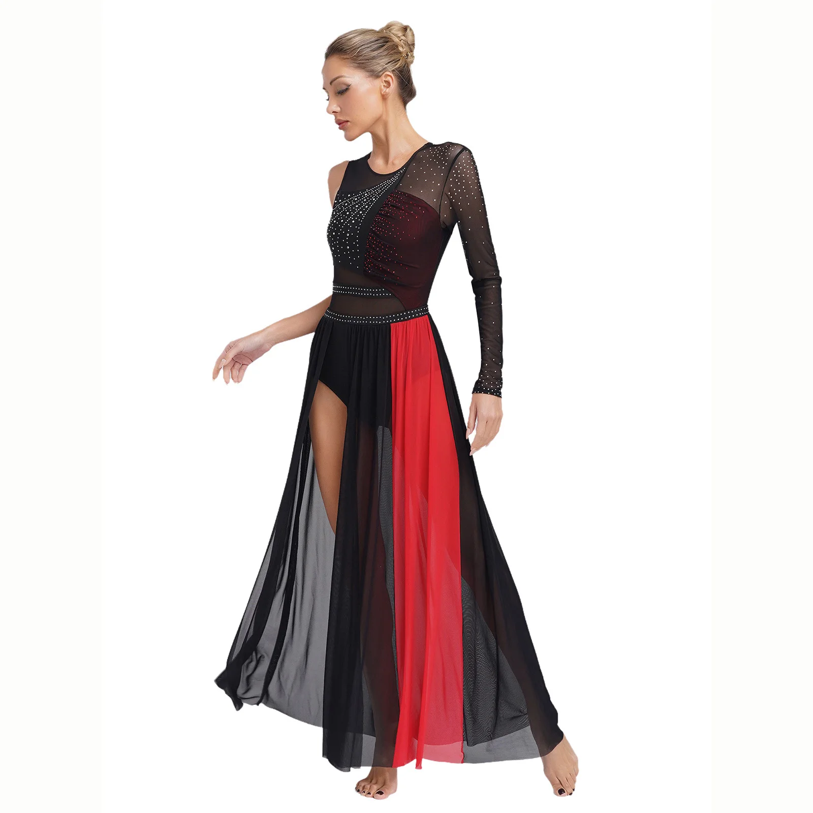 

Women Lyrical Dance Dress Shiny Side Split Sheer Mesh Color Block Patchwork Rhinestones Leotards Dress Dance Ballet Modern Dress