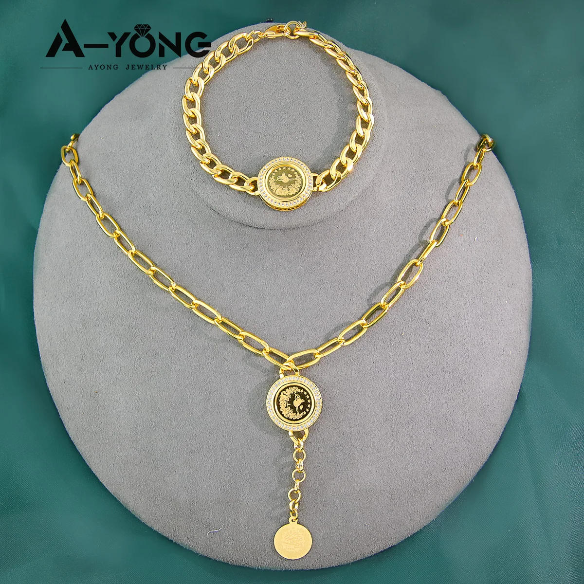 Türkische Vintage Münzen Schmuck Set 21k Gold Überzogene Saudi Mode Zirkonia Halskette Armband Nigeria Frauen Hochzeit Party Schmuck – Detail 1