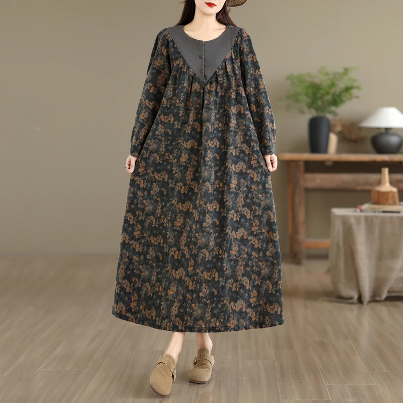 

Ele Floral Cotton Linen Loose Fit A-Line Dr Autumn Spring Seasonal New Sle Ethnic Trendy High Waist Long Sve V-Ne...