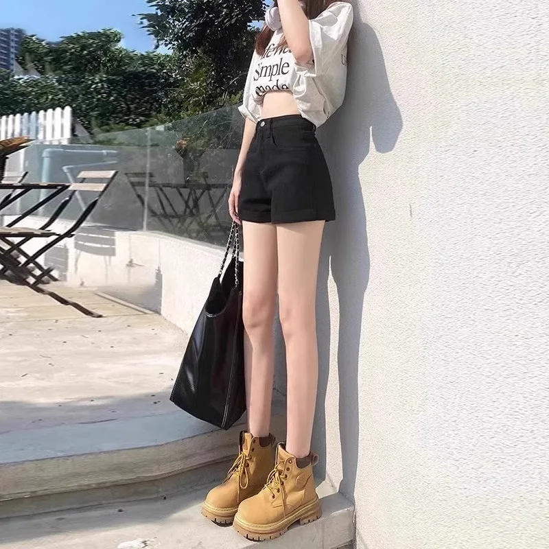 High Waist Black Denim Shorts Women's Spring Summer 2025 A-Line Flared Design Slimming Loose Fit Hot Pants Cotton Stretch Denim