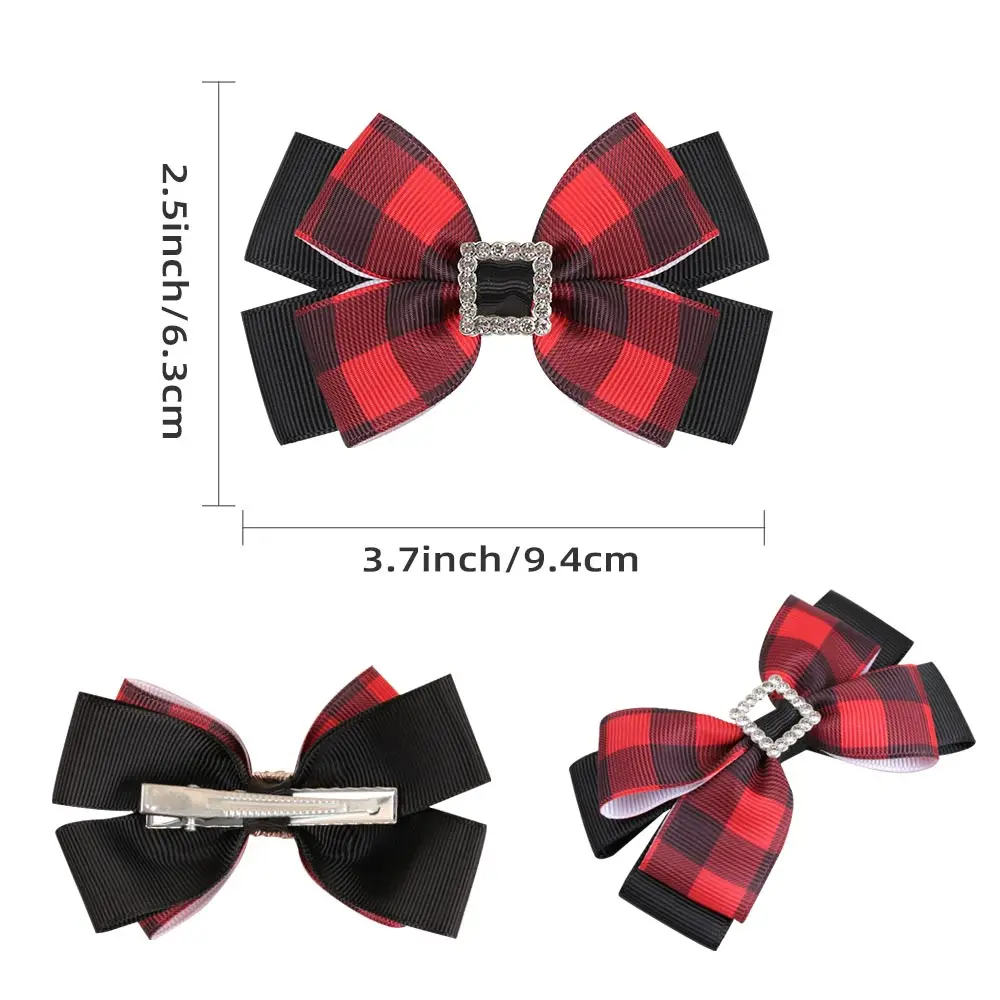 3inch 2pcs/Set Christmas Rhinestone Hair Clips Girls Red Green Plaid Bows Hairpins Festival Party Gift Children Hair Accessories