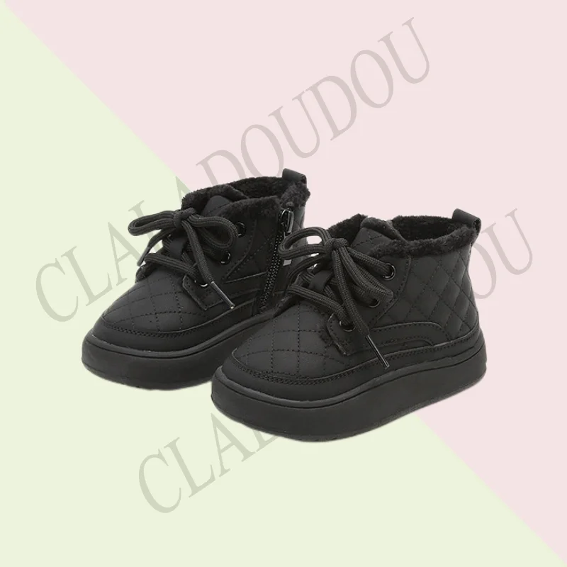 Brand Kids Winter Ankle Boots For Girls Boys Solid Sewing Fashion Snow Boots For Toddler Lace-up Winter Casual Shoe With Velvet