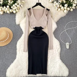 Autumn Knitted Long Dress Women Full Sleeved Hollow Out Irregular Sexy Design New Fashion Office Lady Warm Split Dress