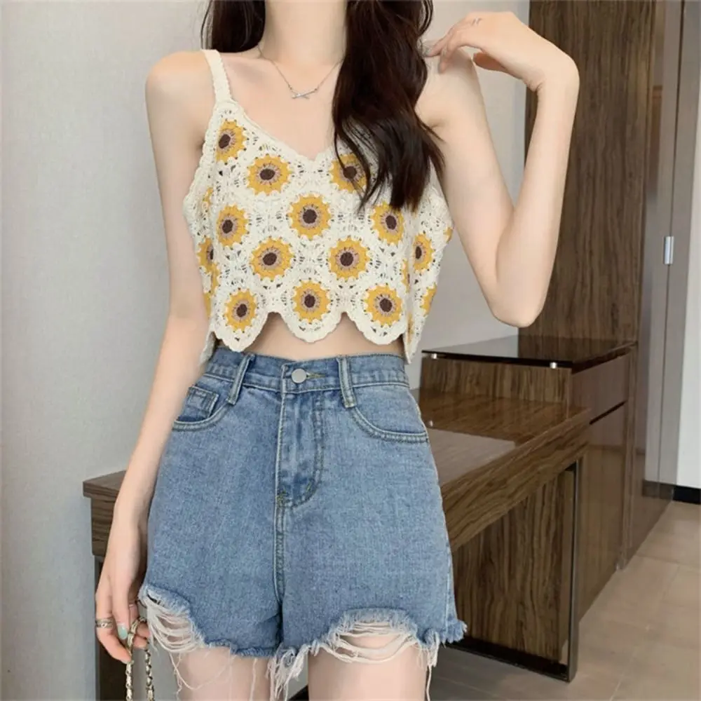 Fashion Sweet Daisy Knitted Vest Sunflower Patter Sleeveless Sleeveless Cami Short Hollow Out Tops