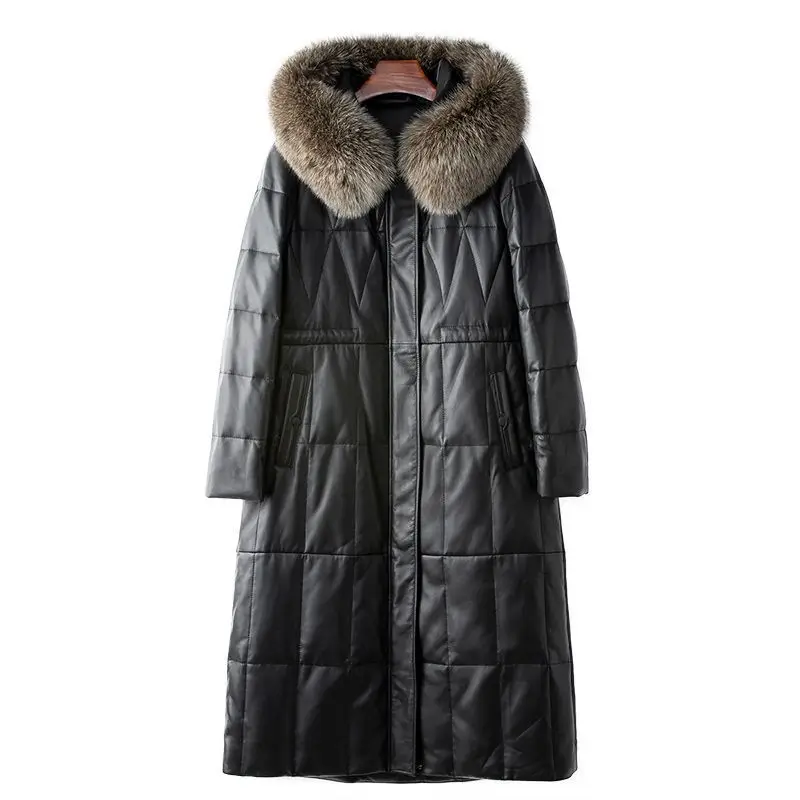 

2025 г., пуховик из натуральной овчины, весеннее женское длинное пальто на гусином пуху с воротником из лисьего меха