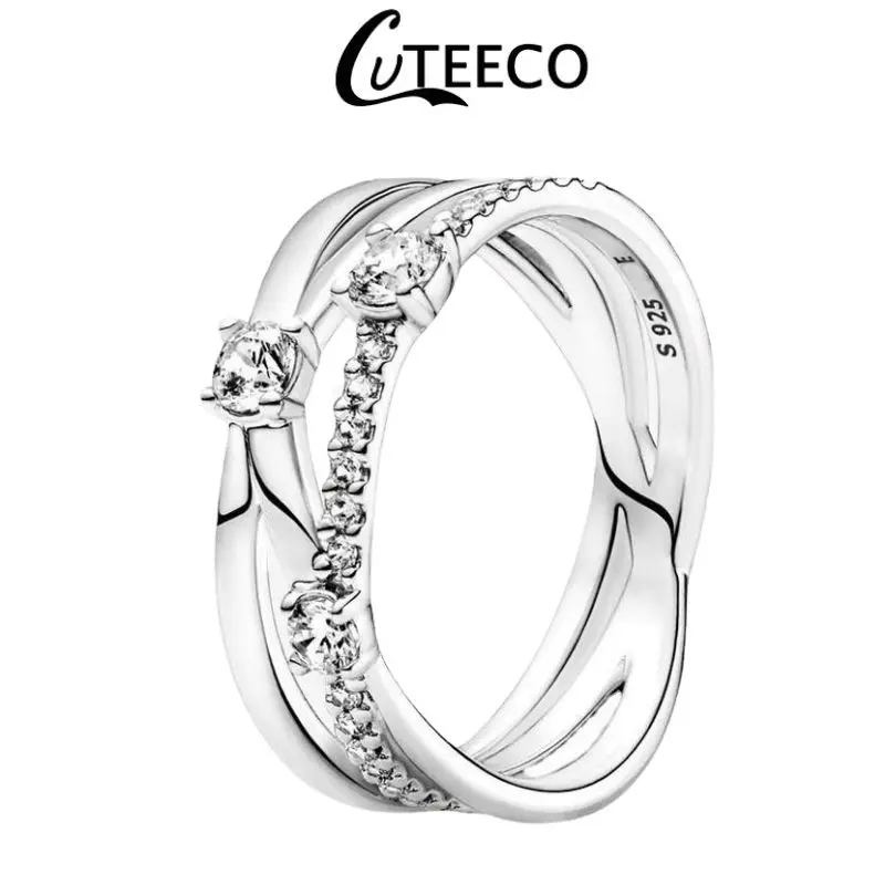 CUTEECO Fashion Silver Color Finger Ring for Women Simple Shiny Zircon Wedding Engagement StackedJewelry