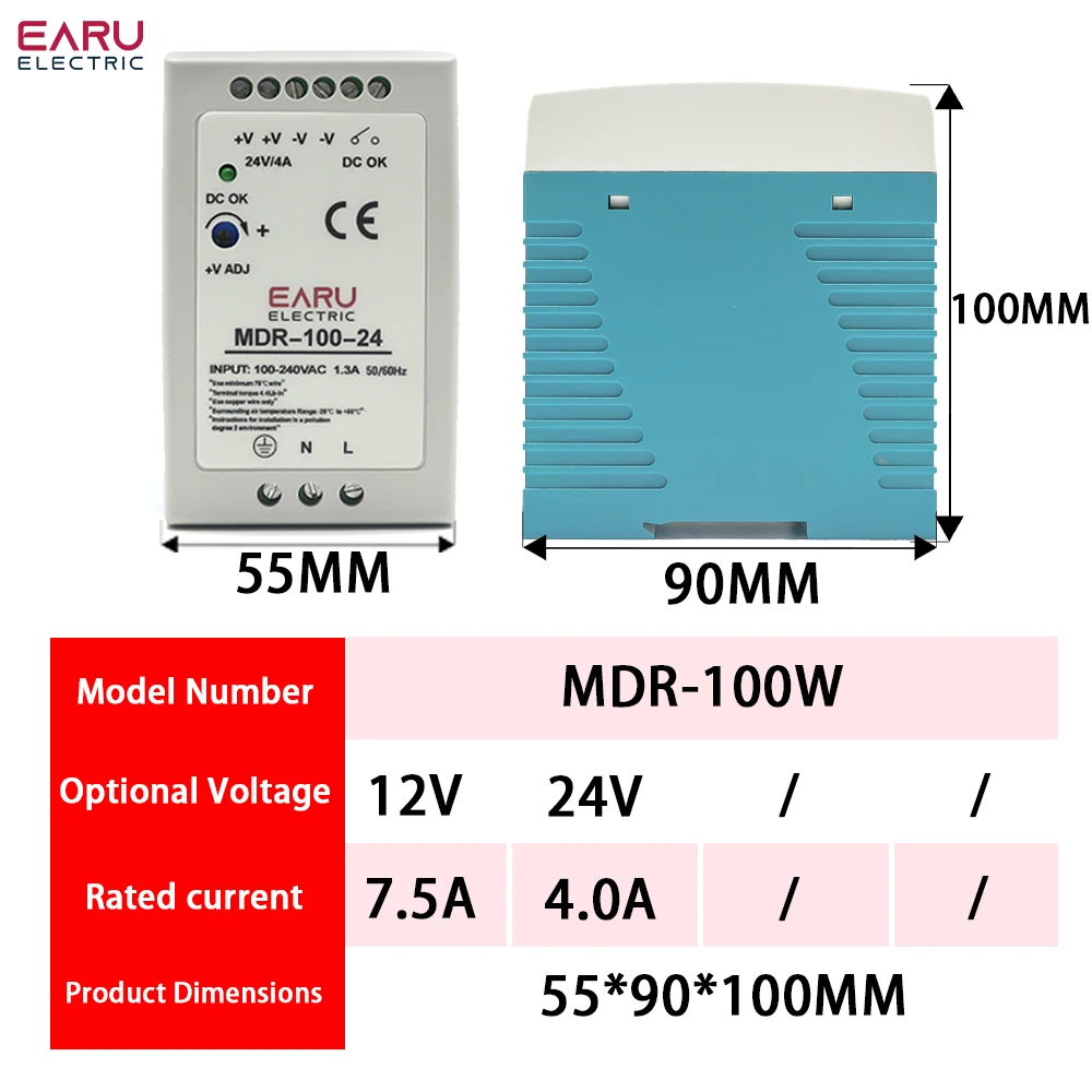 Mini tension d'alimentation de commutateur de rail de DIN d'entrée AC100-240V a mené la sortie de MDR-10W 20W 40W 60W 100W DC 5V 12V 15V 24V 36V 48V