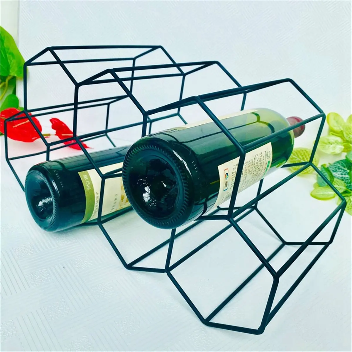 A67T NEW Modern Metal Honeycomb Wine Rack Wine Bottle Storage Beehive Tabletop Wine Rack Hexagon 9 Bottle Wine Holder Display C