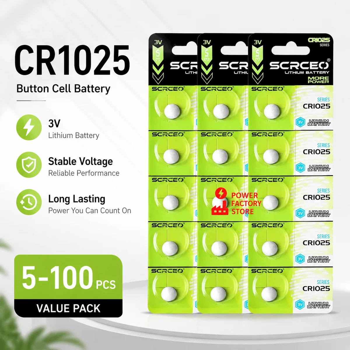Lithium Button Cell Battery CR1025 3V Replacement Coin Cell For Car Keys, Remote Controls, Medical Devices Stable Power Pack