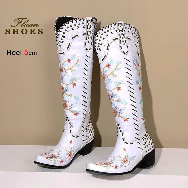 

New 5CM High Heeled Women's Knee Length Boots British Style Knight Boots Autumn Winter Lady Shoes Fashion Embroidery Rivet Boots