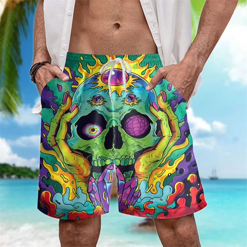 남성용 스컬 반바지, 여름 스트리트웨어, 3D 프린트 반바지, 쿨, 오버사이즈, 힙합, 수영복