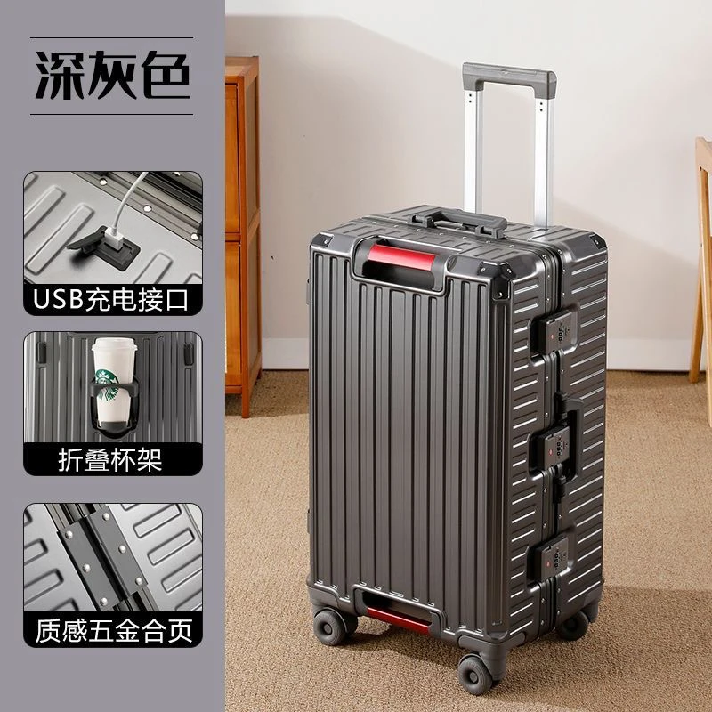 

Large Size Travel Suitcase Aluminum Frame Rolling Luggage Trolley Case with Wheels Carry-On Luggage with Cup Holder Password Box