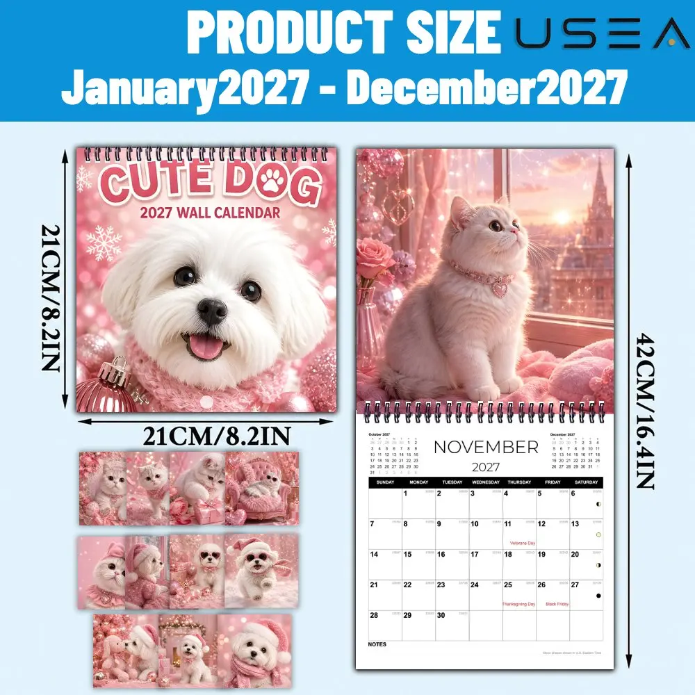 2027 Cute Fluffy Dog Wall Calendar  Twin Wire Spiral Hanging Calendar Large Writable Blocks US Holidays Ideal Gift