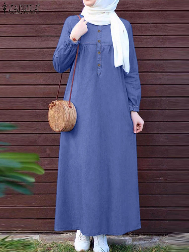 2024 ZANZEA Autumn Sundress Women Vintage Muslim Abaya Dress Casual Long Sleeve Islamic Robe Kaftan Casual Solid Loose Vestidos