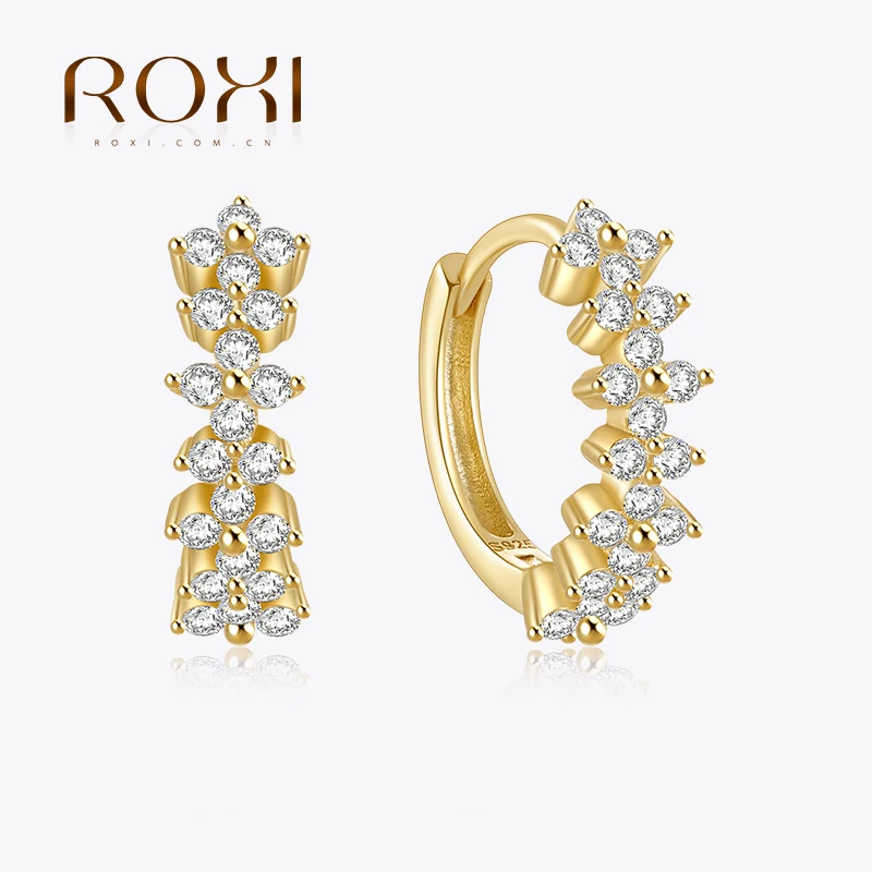 ROXI Ins Style Single-row Petal Earrings 925 Sterling Silver Small Misplaced Diamond Earrings Jewelry Lady Charm Jewelry Gift