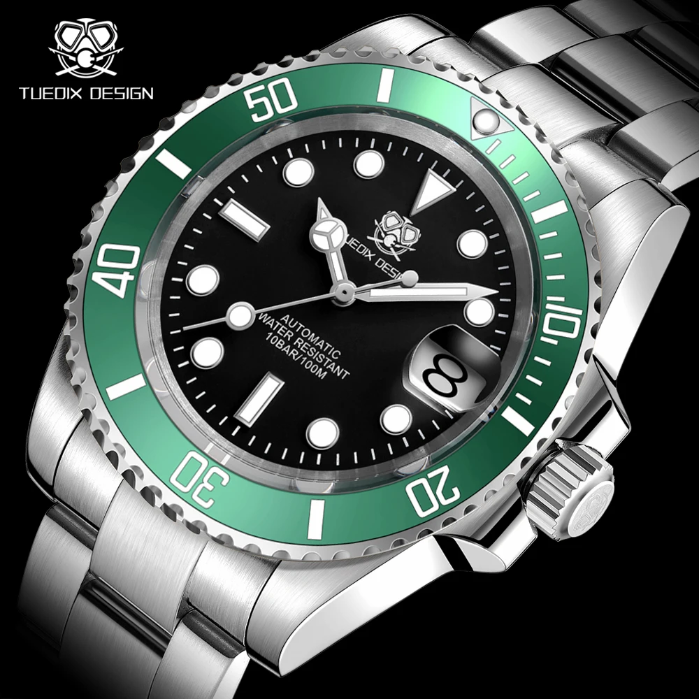 TUEDIX NH35A Men Watches Mechanical Movement 316L Steel SUB Wristwatch Green Insert Divers 100M Waterproof Relogio Masculino