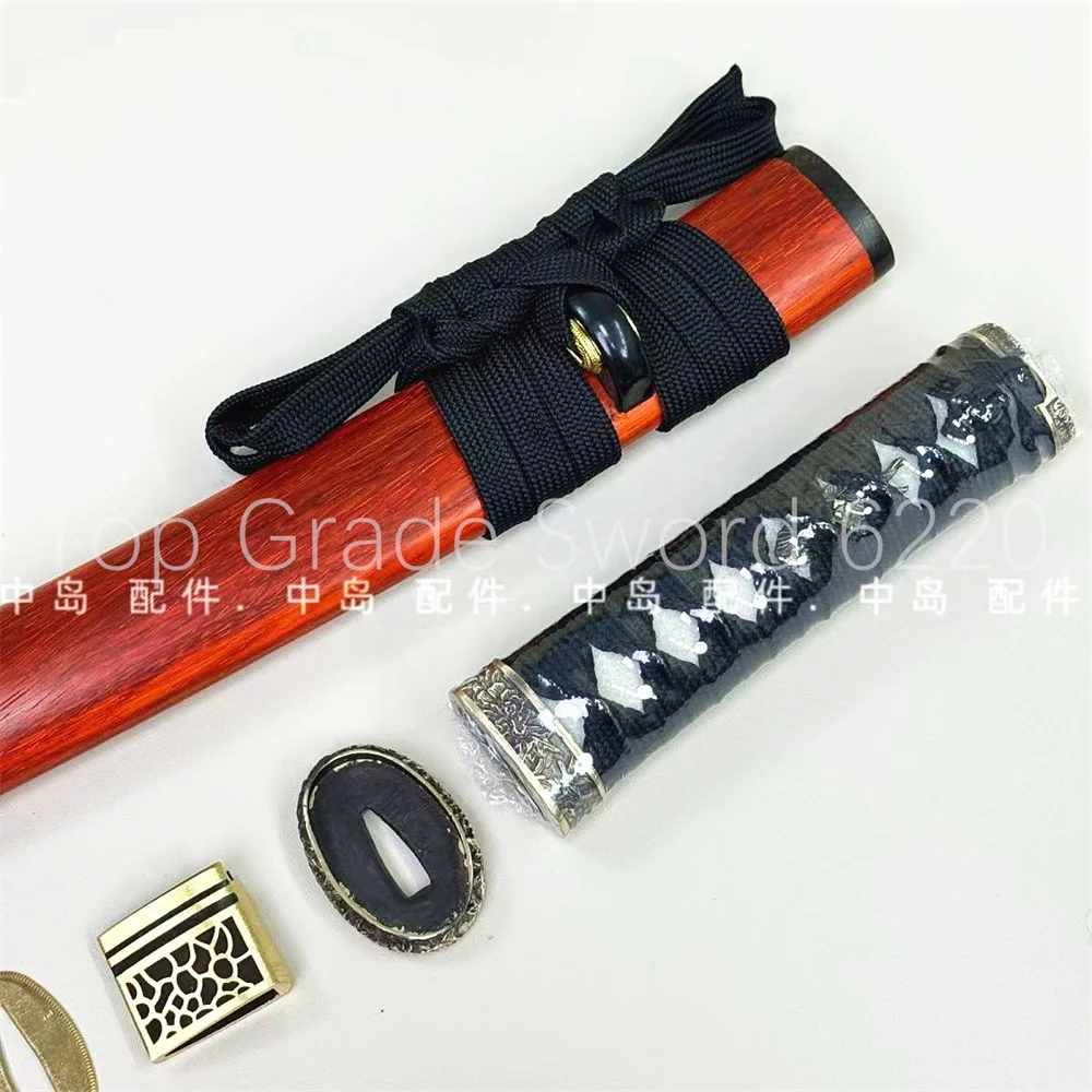 A Set Real Tsuka Handle Brass Tsuba Handguard Habaki Seppa Red Hardwood Sheath For Real Samurai Katana Tachi Sword Fitting Parts
