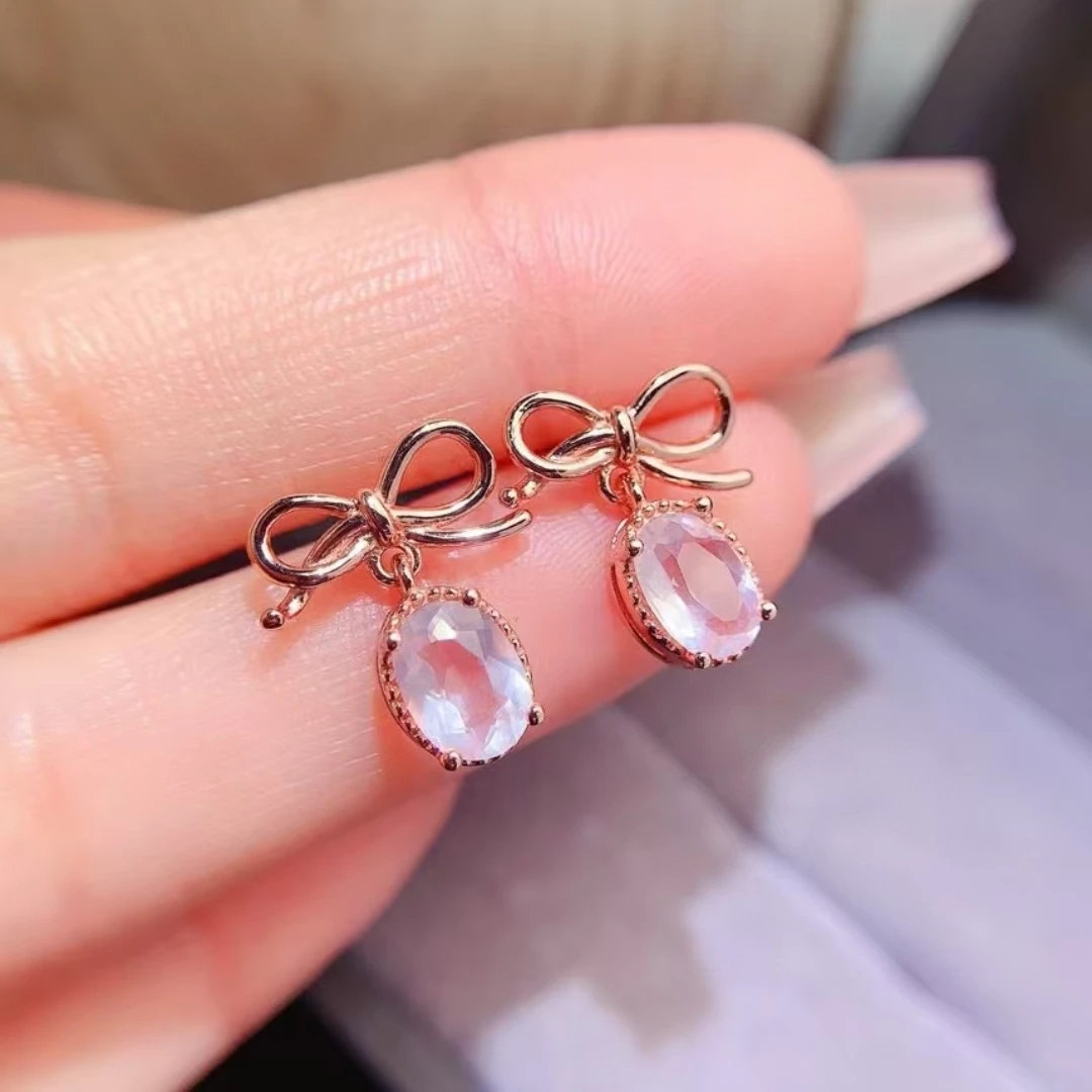 Natural Mozambique Pink Crystal Bow-shaped Women's Earrings S925 Pure Silver Exquisite Inlaid Full Clarity Gem Support Testing