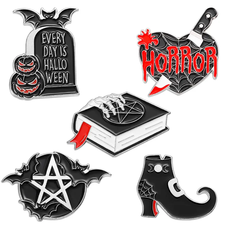 Everyday is Halloween Enamel Pins Punk Cobweb Dagger Witch Spell Book Brooch Bag Lapel Badge Dark Gothic Jewelry Gift for Friend