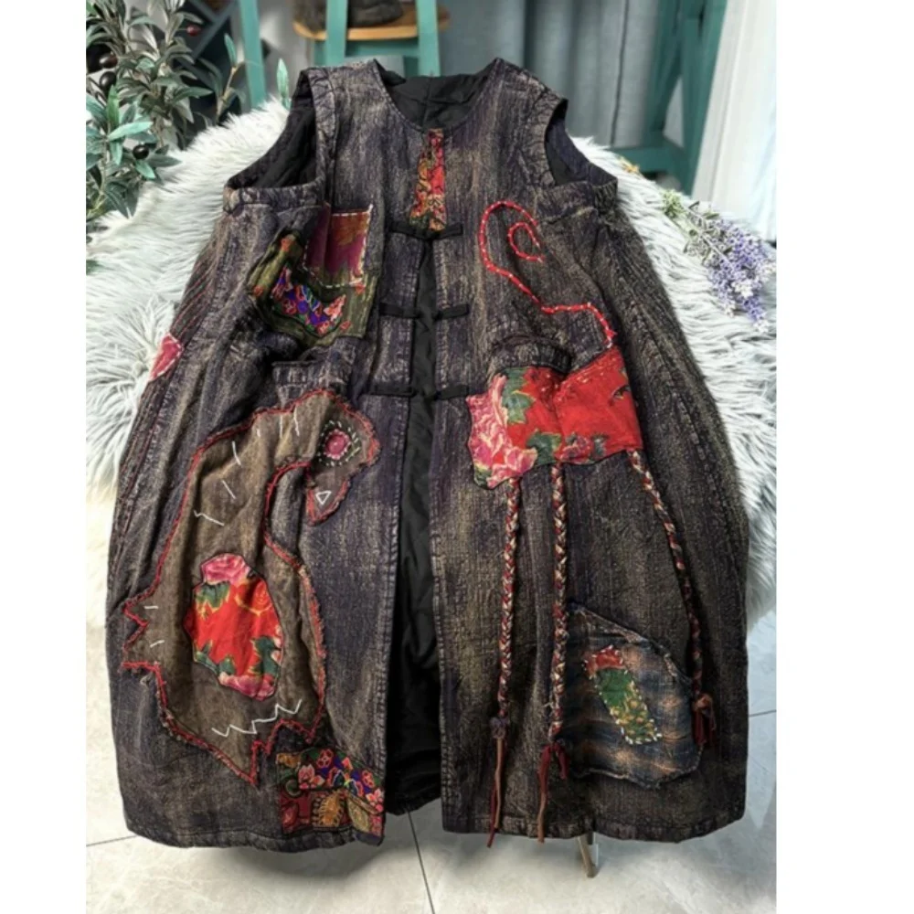 Mid Length Vest Coat Women Winter Literary Artistic Style Buckle Ethnic Style Old Cloth Heavy Industry Hand Embroidered MCP024