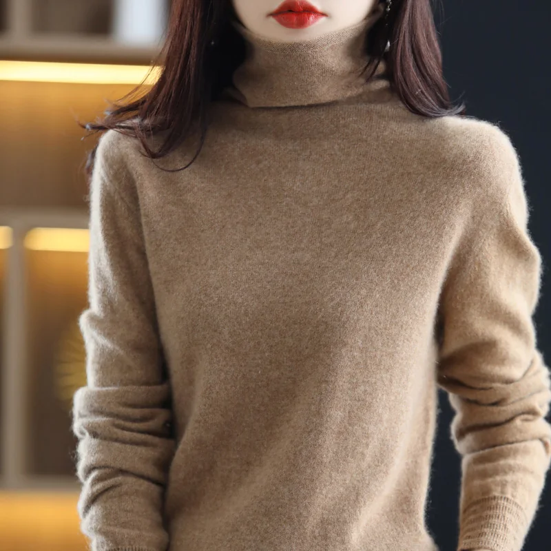 

Autumn Winter 100% Pure Wool Ladies Pile Neck Pullover Slim Fashion Knit Tops Oversized Female Cashmere Sweater Long Sleeve