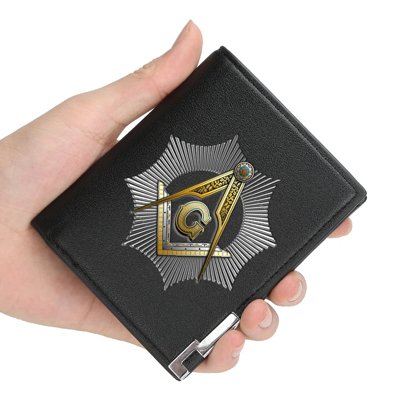 New Arrivals Fashion Masonic symbols Printing Pu Leather Wallet Men Women Billfold Credit Card Holders Short Purses