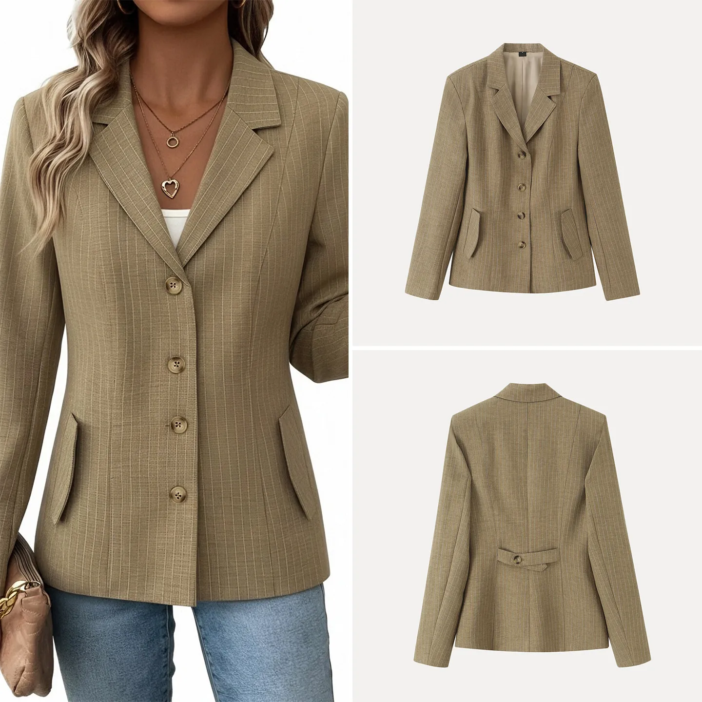 Fashionable Striped Button up Suit Jacket for Women Summer 2026 Commute Casual Old Money Style Women's Fashion ZDATA Brand